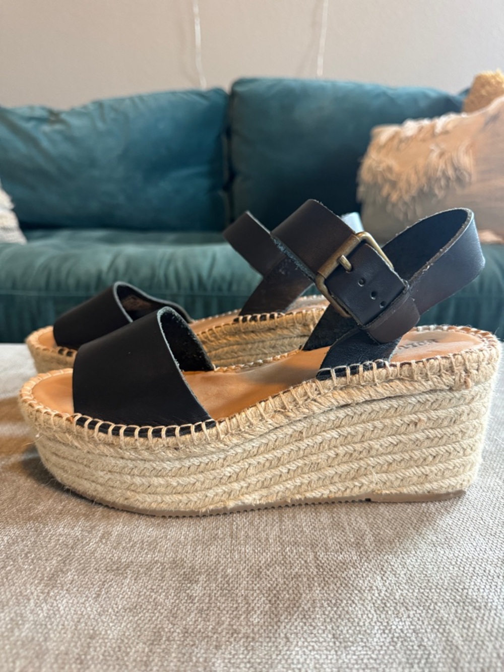 Soludos Black Leather Espadrille Platform Wedges